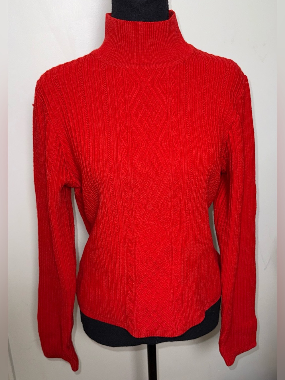 Vintage 90s DKNY Made in USA Cherry Red 92% Wool Cable Knit Sweater L